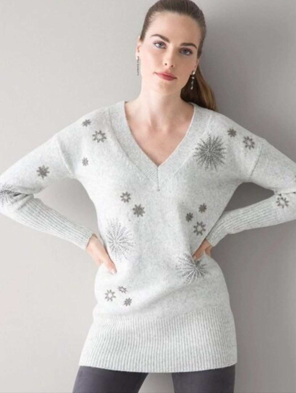 White House Black Market Light Gray VNeck Sweater with Sparkle Starburst Details